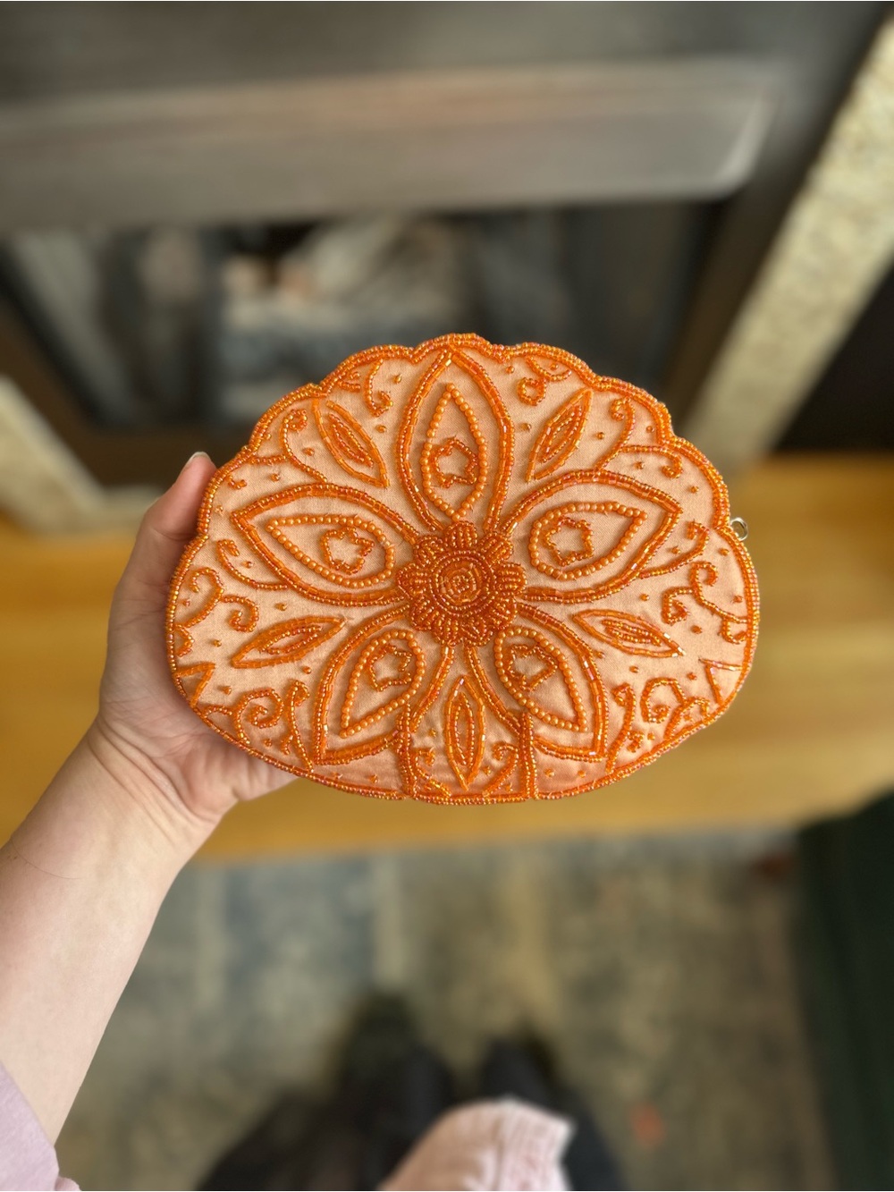 Bijoux Terner Orange Satin Beaded Floral Clutch